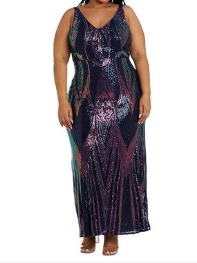 NW NIGHTWAY Navy Sequin V-Neck Dress with Multicolor Size 18